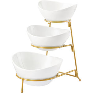 Ensemble de bols à fruits de luxe moderne, motif carré, plateau de service ovale en porcelaine avec support métallique, pack de trois plats pour usage domestique - Product Image 1