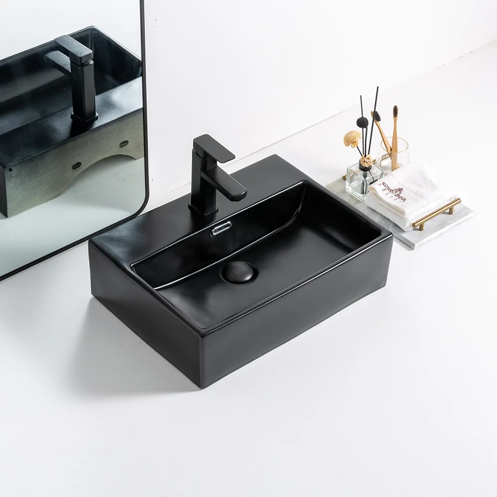 Lüks mat siyah seramik banyo lavabo modern üstü sayaç dikdörtgen sanat lavabo
