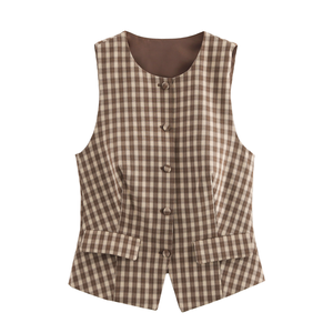 Chaleco y Chaqueta sin Mangas para Mujer, Color Marrón, Estampado a Cuadros, Tejido, Cuello Redondo, Casual, Transpirable - Product Image 1