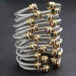 MECYLIFE-Pulsera de alambre de cable trenzado 5A, brazalete de piedra de nacimiento de acero inoxidable