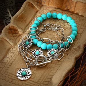 the United States new combination <b>bracelet</b> retro personality round turquoise embellishment 4-piece <b>set</b> <b>bracelet</b> wholesale - Product Image 3