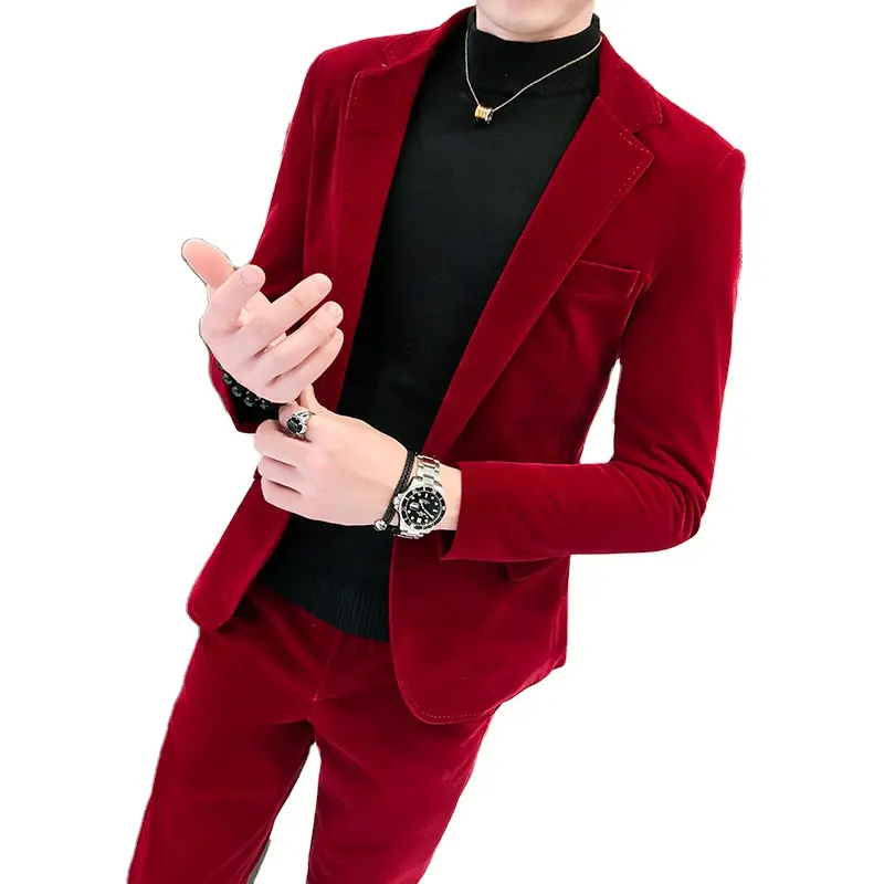 Top Grade Net Red Men'S Suit Set Single-Button Solid Color Slim Flat Velvet Long-Sleeved Suit Pants Two Pieces Wholesale