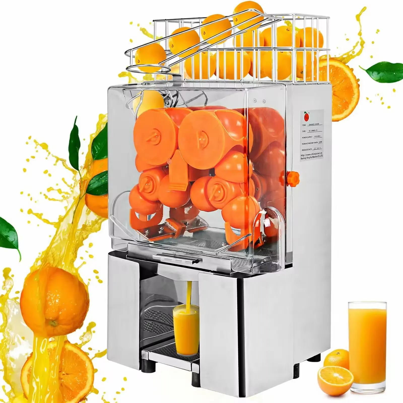 Espremedor automático de suco de laranja em aço inoxidável de alta eficiência, extrusora elétrica de suco de laranja e limão