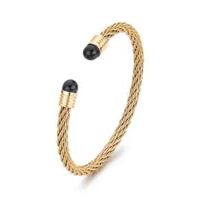 VERENA New Design Natural Stone Stainless Steel Rope Chain Cuff Bangle
