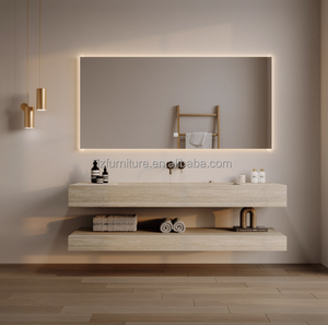 Lavabo double moderne de qualité hôtelière avec vasque rectangulaire en pierre, miroir LED résistant à l'eau, fixation murale classique - Product Image 3