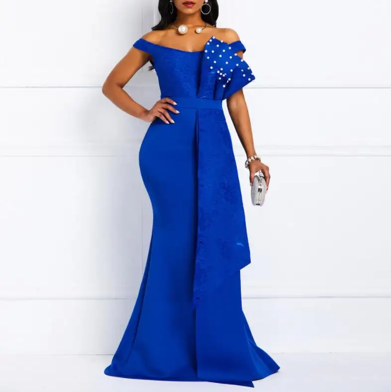 Sexy Off Shoulder Ruffle Pencil Long Beading Evening Party Wear Dress For Women