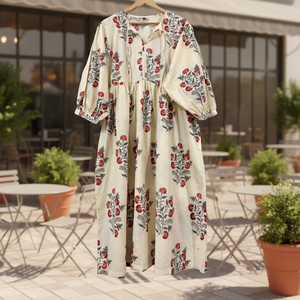 Vestido Midi Floral de Algodón para Mujer, Color Marfil Suave, Estampado Artesanal, Corte Holgado, Estilo Étnico, Ropa de Boutique para Verano - Product Image 1