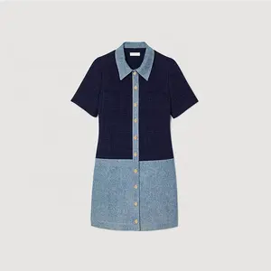 Clothing Manufacturer Custom Spring Summer Polo Collar Short Sleeve Single Breasted Tweed Denim Short Dress Women