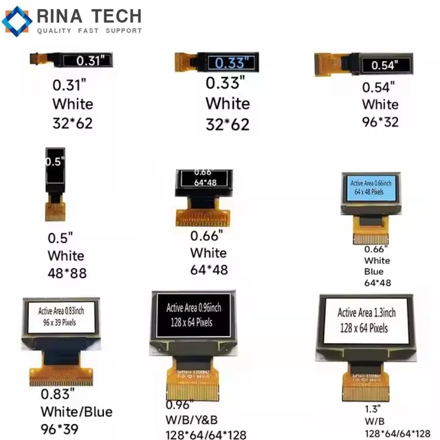 Small Micro PM-OLED Screen 0.96/0.87/1.32 Inch Customizable Monochrome Digital Signage Display with Portrait Mode Rina Tech