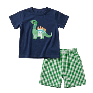 Puresun Ensemble de vêtements pour garçons personnalisé à manches courtes avec appliqué de dessin animé, tenue de boutique pour enfants, ensemble court à imprimé écossais en coton - Product Image 2