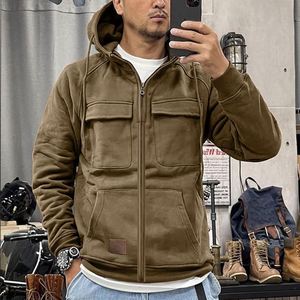 Felpa con cappuccio da uomo autunnale e invernale con cerniera, tinta unita, modello ampio, sportiva, con tasche multiple e applicazioni. - Product Image 6