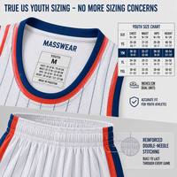 Ensemble d'uniformes de basketball pour jeunes Varsity, maillot de basketball personnalisé par sublimation blanc et bleu à rayures fines pour garçons, idéal pour les jours de match scolaire