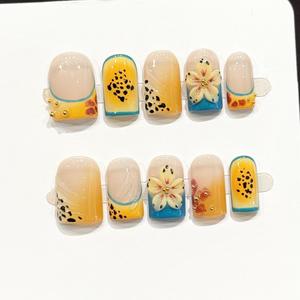 Faux Ongles Carrés à Presser Faits Main Nude Jaune Orange Turquoise French Manucure <span class=keywords><strong>Girafe</strong></span> Léopard Fleur 3D Lot <span class=keywords><strong>de</strong></span> 10 Pièces - Product Image 2