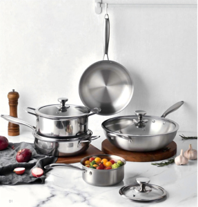 Set di <span class=keywords><strong>pentole</strong></span> per la casa da 9 pezzi in acciaio inossidabile rivestito multistrato con coperchi, padelle resistenti, <span class=keywords><strong>servizio</strong></span> OEM & ODM - Product Image 1