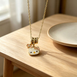 Collana con Ciondolo Kawaii Rosa con Zirconi Cubici, Placcata in Oro 18K, Catena di Perle, Gioiello a Forma di Gatto, Regalo per Ragazze, Uso Quotidiano - Product Image 3