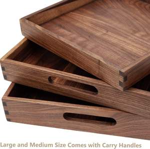 Ensemble de 3 grands plateaux ottoman en bois de noyer noir massif avec poignées, plateau de service décoratif en bois classique, L+M+S - Product Image 4