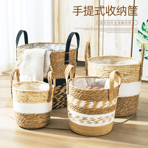 Handmade Straw Woven <b>Basket</b> Round Indoor Outdoor Plant Pot Storage <b>Basket</b> With Handles For Home Decor - Product Image 2