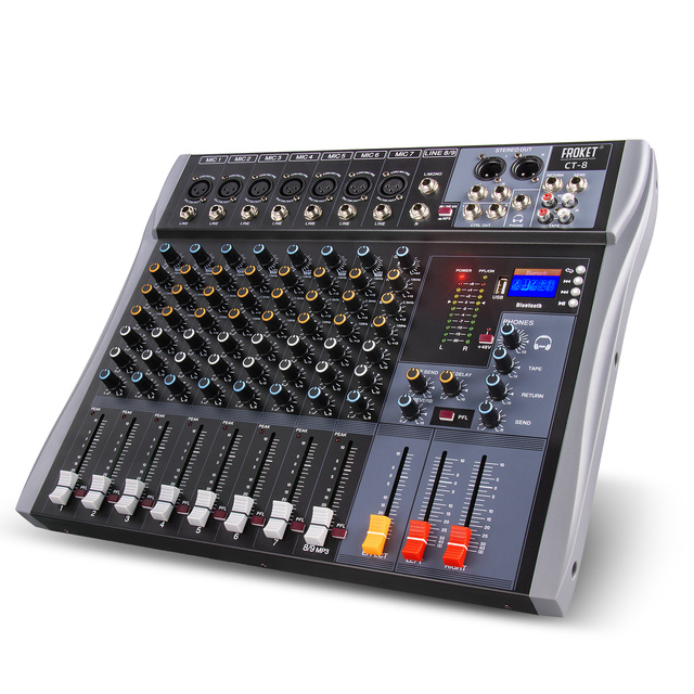 Pro Audio Mixer DJ Console 8-Channel CT-8 Audio Interface Mixing Controller for Stage Singing Sound