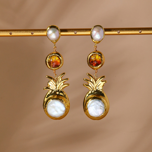 Orecchini Pendenti Placcati Oro alla Moda con Perla Naturale a Forma di Ananas e Vetro Ambrato, <span class=keywords><strong>Gioielli</strong></span> di Tendenza per Donne, Ideali per la Vendita all'Ingrosso - Product Image 1
