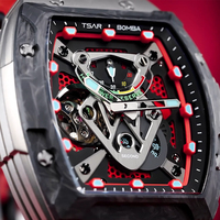 Montre mécanique analogique en titane TSAR BOMBA pour homme, boîtier tonneau et bracelet en caoutchouc, fonction de réserve de marche