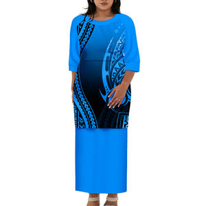 カスタムプラスサイズ女性服ポリエンシアンPuletasi Oネックドレスハーフスリーブブルードレスエレイ部族デザインドレス2ピース - Product Image 1