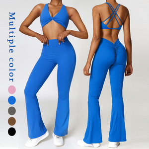 Vente en gros Vêtements de <span class=keywords><strong>sport</strong></span> avec échancrure aux fesses Vêtements de fitness pour femmes Soutien-gorge de <span class=keywords><strong>sport</strong></span> avec dos croisé et legging évasé Ensemble de yoga pour femmes - Product Image 1