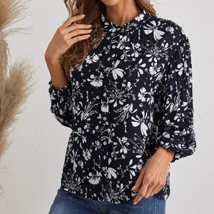 2021 HSD Ladies Clothing EXW Price Long Sleeve See Through Blouse With Button Through Pattern Lady Allover Floral Blouses