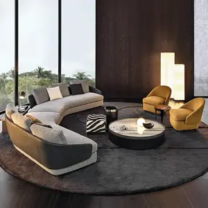 Set sofa melengkung kain linen modern desainer Italia kelas atas baru dengan furnitur penutup belakang kulit