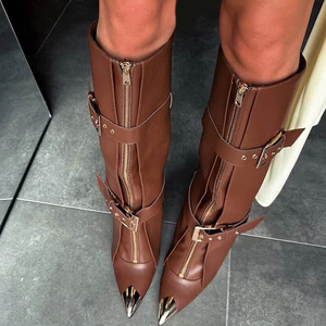 Women's Metal Pointed Toe Knee High <b>Boots</b> Ladies Buckles High Heels Overlay Shoes Front Zipper Pants Long Booties - Product Image 3