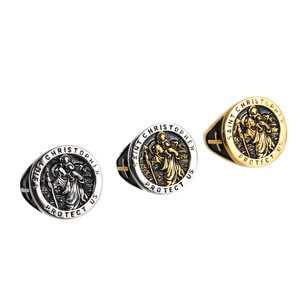 Bague religieuse antique Vintage pour hommes, médaille en relief solide, bague de protection en acier inoxydable américain - Product Image 6