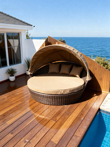 Round <strong>Outdoor</strong> Rattan <strong>Daybed</strong> <strong>with</strong> Adjustable <strong>Canopy</strong> Customizable Colors Styles for Patio Garden Luxury Wicker Lounge Furniture - Product Image 1