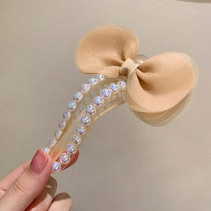 กิ๊บติดผมสาวหวานประดับมุกตาข่าย โบว์ใหญ่รูปทรงไม่สมมาตร กิ๊บติดผมพลาสติกน่ารัก - Product Image 4