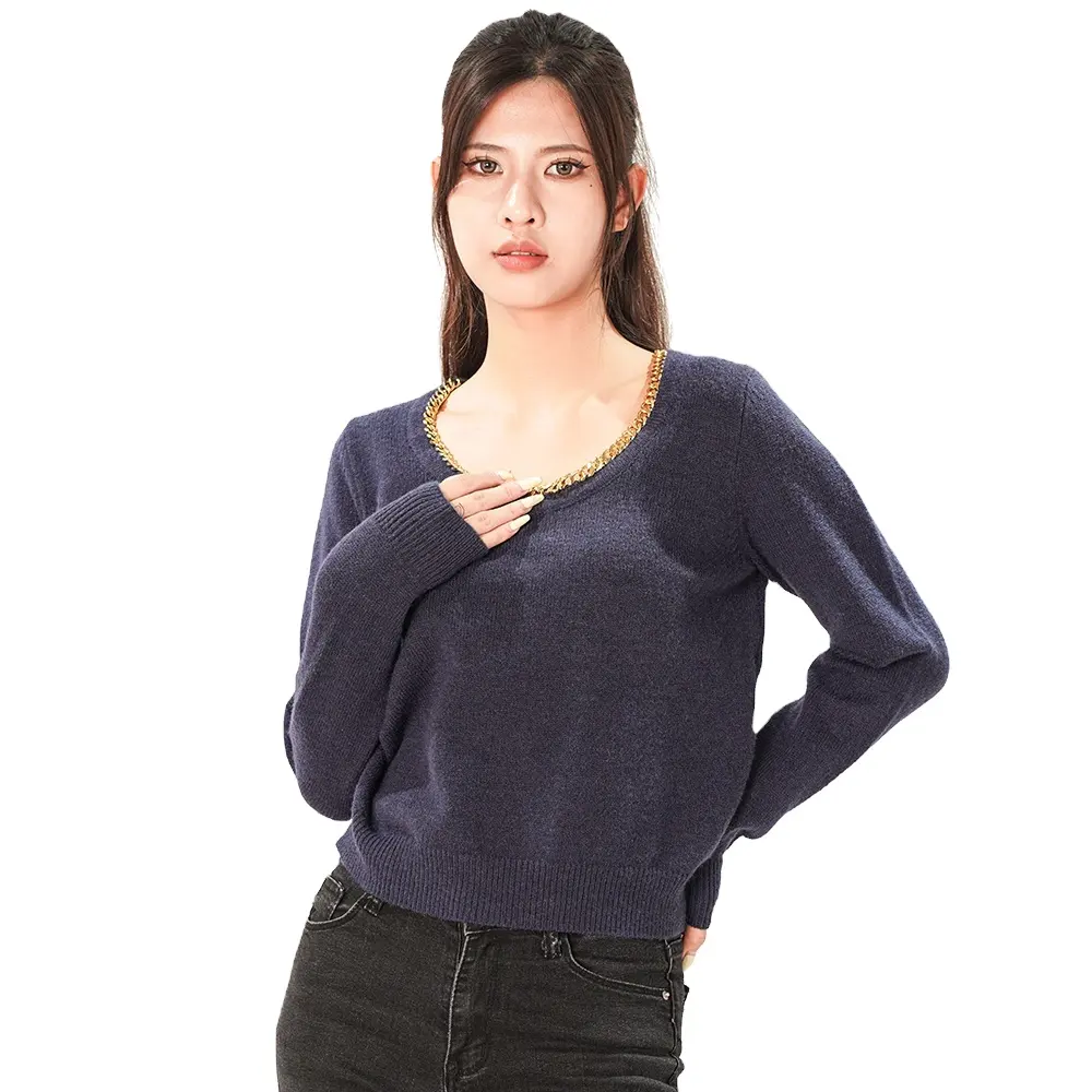 New Fashion Women Knitwear Sweater Round Neck Pure Black Yellow Color Women Low Collar Sweater Slim Fitting Sweater