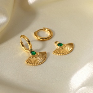 New Design Vintage Jewelry Fan Shape <b>Crystal</b> Stone <b>Earring</b> Stainless Steel Gold Hoop Charm <b>Earrings</b> - Product Image 4