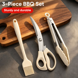 3Pcs Stainless Steel Kitchen Gadgets Set, Silicone <b>Tongs</b> & Basting Brush with Scissors, Baking BBQ Accessories for Camping Home - Product Image 1