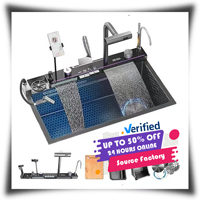 Évier de cuisine en acier inoxydable fait à la main, acier inoxydable 304/201, cascade LED multifonction, évier simple fait à la main avec robinet