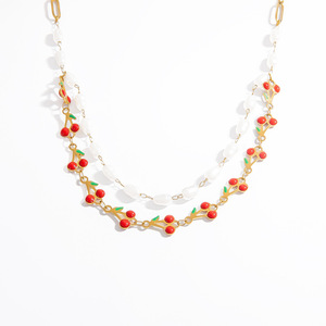 European American Style Pearl Necklace Cherry Pendant 18k Gold Plated <b>Titanium</b> Steel Clavicle <b>Chain</b> Women's Everyday Wear - Product Image 5