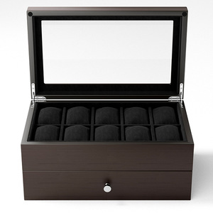 Wholesale <b>2</b>-Tier 10 Slots Watch Box with <b>Drawer</b> Wooden Watch Organizer Jewelry <b>Storage</b> Case with Glass Top Soft suede lining - Product Image 3
