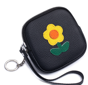 Vente en gros de porte-monnaie en cuir de vachette, petite pochette à monnaie, grande capacité, rangement pour monnaie, rouge à lèvres, serviettes, broderie florale, porte-monnaie avec dragonne - Product Image 6