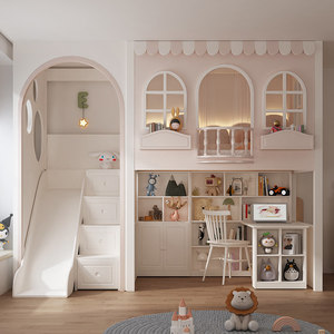 Детская двухъярусная кровать JS <span class=keywords><strong>FURNITURE</strong></span> с горкой и письменным столом, белая, деревянная, в стиле кукольного домика - Product Image 1