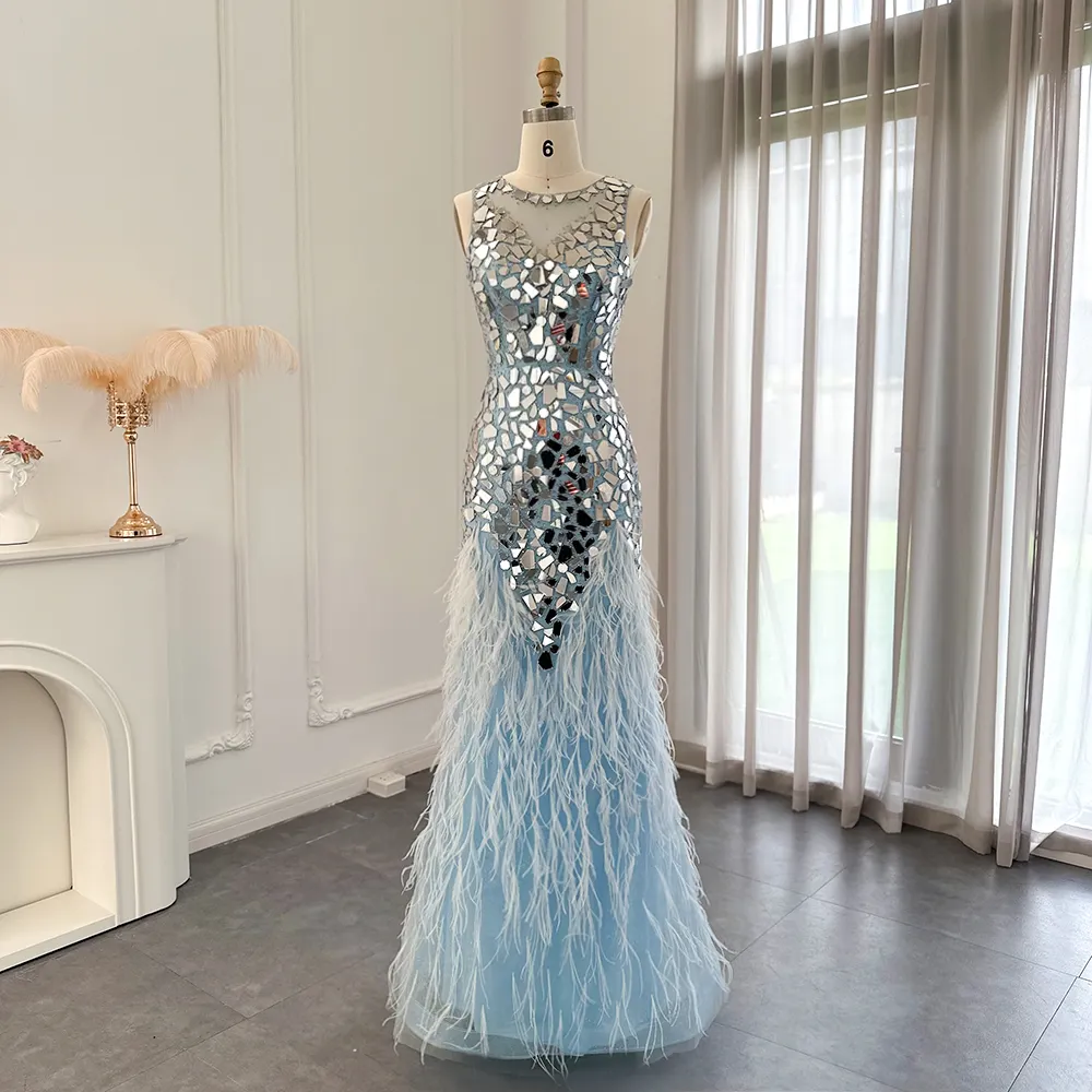 SCZ069-2 gaun malam biru muda bulu putri duyung mewah untuk wanita gaun pesta pernikahan elegan panjang Prom wisuda