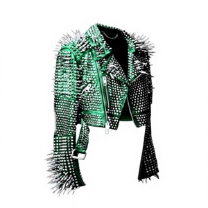เสื้อแจ็คเก็ตหนังสไตล์พังก์สีเขียวประดับหมุดสำหรับผู้ชายไซส์ใหญ่ ซิปสั้น ปกคอพับ แขนปกติ - Product Image 1