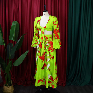 Hot Sale <b>Sexy</b> Deep V Floral Print Ruffled Slit Skirt 2-piece <b>Set</b> Women Fashion - Product Image 2