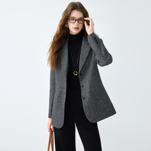 Women's Woolen Blazer Herringbone Pattern Coffee Color Anti-Wrinkle Professional Casual Suit Jacket - Product Image 2