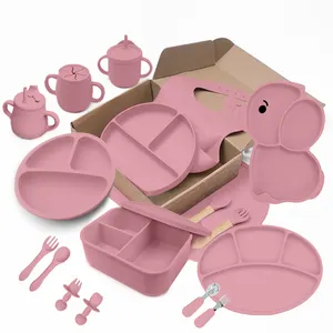 Personnalisé vente en gros sans BPA assiette pour bébé bol en silicone gobelet à bec bavoir et cuillère ensemble de repas pour enfants ensemble de sevrage pour bébé en silicone ensemble d'alimentation pour bébé