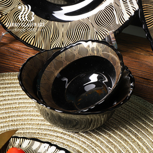 Juego de vajilla de ópalo negro de estilo indio, vajilla de lujo para el hogar, platos y cuencos de vidrio con decoración dorada, juego de cena de ópalo, 33 Uds. - Product Image 6