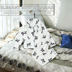 Conjunto de Pijama de Verano Elegante para Mujer, Transpirable, con Cintura Elástica, Manga Larga, Tejido de Punto, Estampado de Lazo, Solapa Clásica, Moda Sólida - Product Image 2