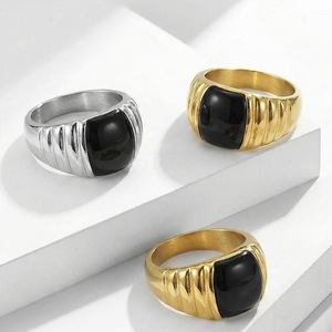 Geometric <b>Gold</b> Plated <b>Cocktail</b> <b>Ring</b> With Black Onyx Square Stone Unisex Glam Fashion <b>Ring</b> Daily Wear Gift - Product Image 2