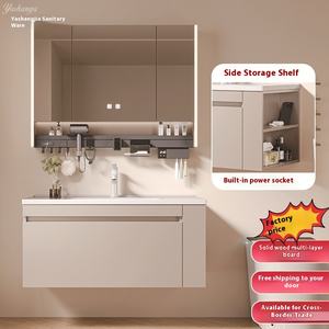 <span class=keywords><strong>Lavabo</strong></span> vasque mural en bois massif multicouche au design moderne <span class=keywords><strong>Meuble</strong></span> <span class=keywords><strong>de</strong></span> <span class=keywords><strong>salle</strong></span> <span class=keywords><strong>de</strong></span> <span class=keywords><strong>bain</strong></span> Bassin intégré en céramique Miroir multifonctionnel - Product Image 2