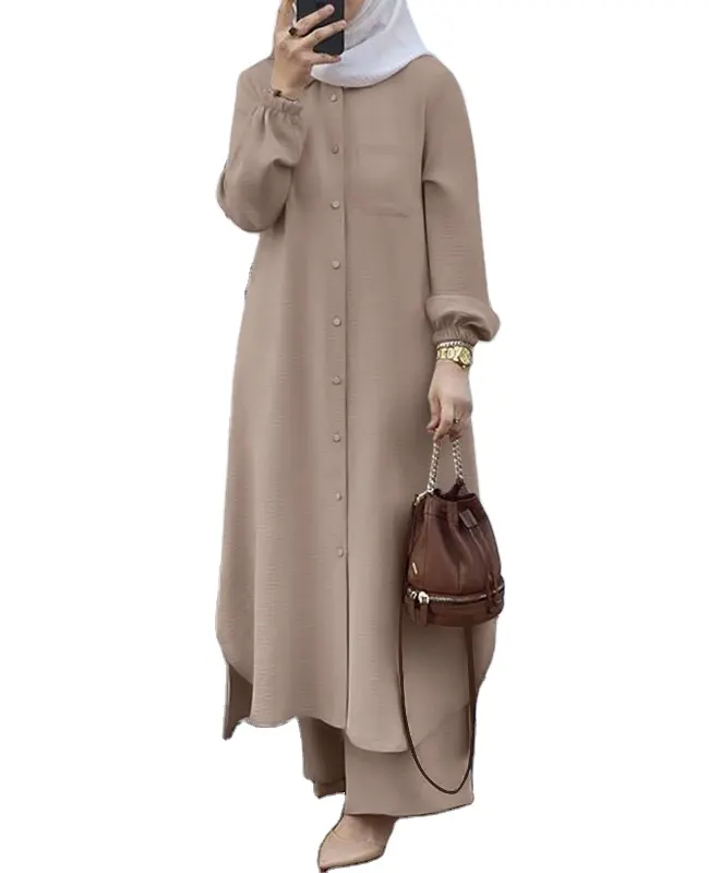 2023 Islamitische Kleding Arabische Midden-Oostelijke Moslim Casual Dames Champignonknoop Lange Mouwen Abaya 2 Stuks Femme Nouveautes